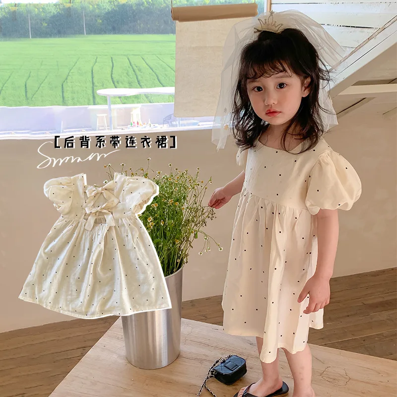 Children's Skirt 2022 Summer New Korean Girls Wave Point Backless Princess Skirt Children's Short Sleeve Bow Dress