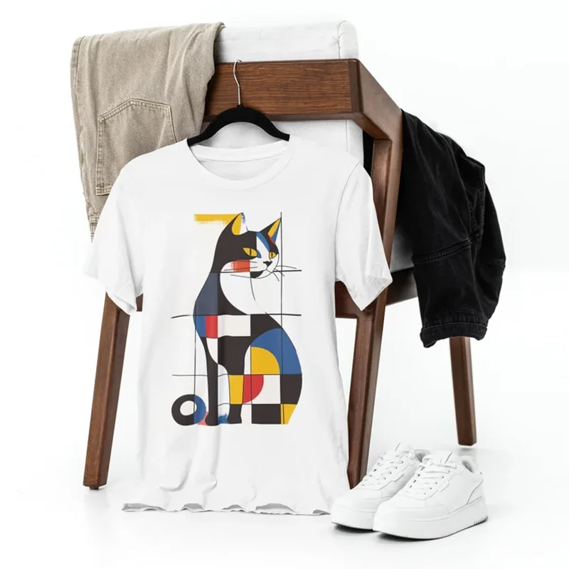 

Футболка с геометрическим рисунком и котом, красочная абстрактная женская футболка с рисунком кота, повседневная, большого размера, с короткими рукавами, повседневная, базовая, модная, с внутренним слоем