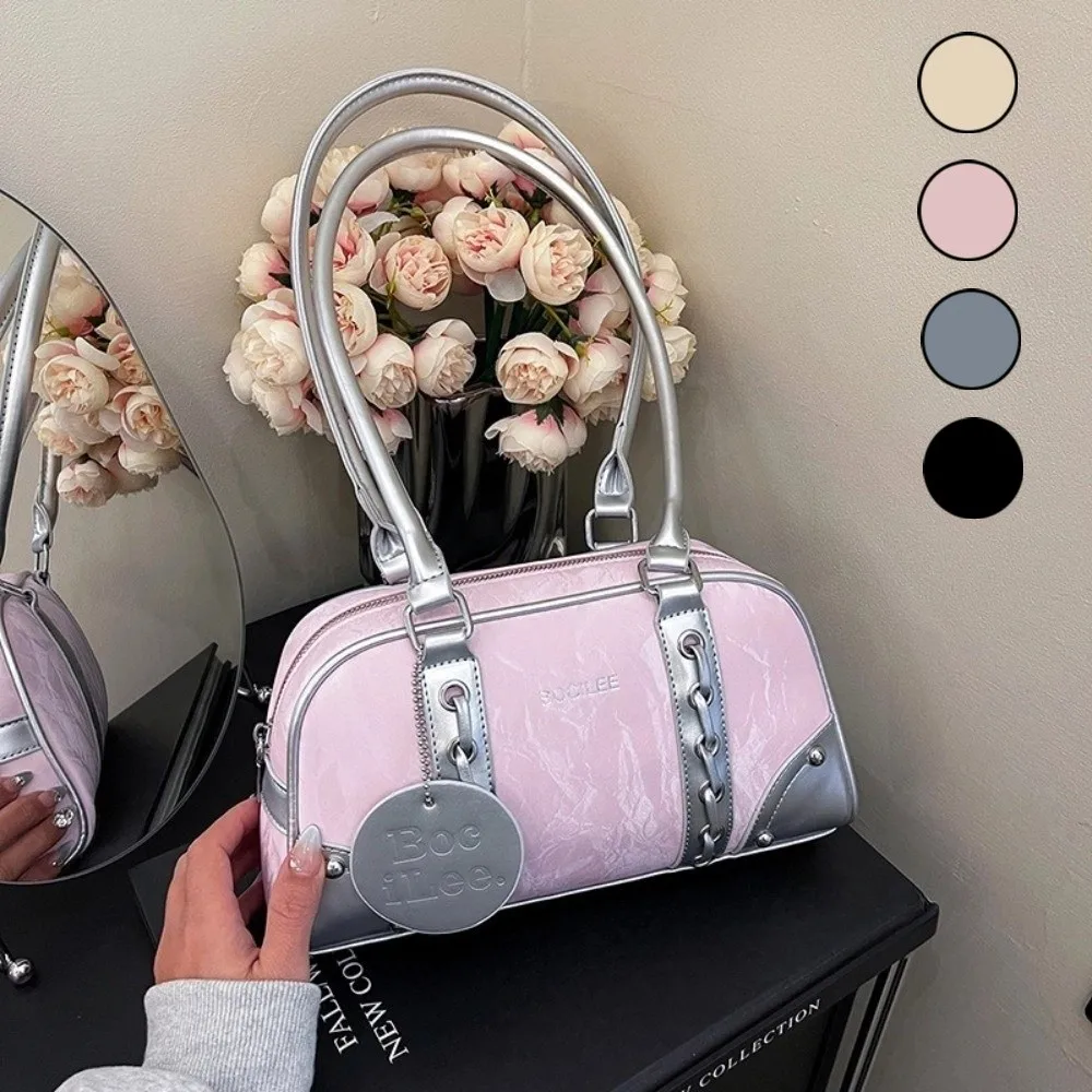 

Casual Underarm Bowling Bag PU Leather College Style Boston Pillow Bag Korean Style Large Capacity Woman Shoulder Bag Girls