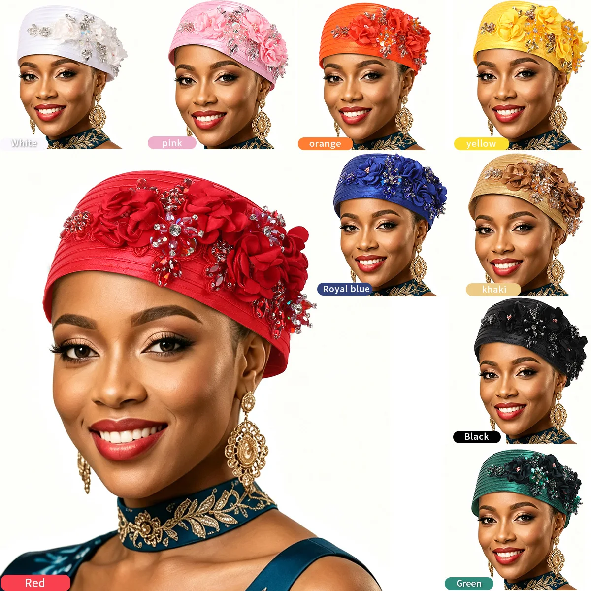 Elegant Satin Fascinator Turban Hat For Women Rhinestone Floral Church Wedding Party Formal Headwear African Geles Hijab Cap New