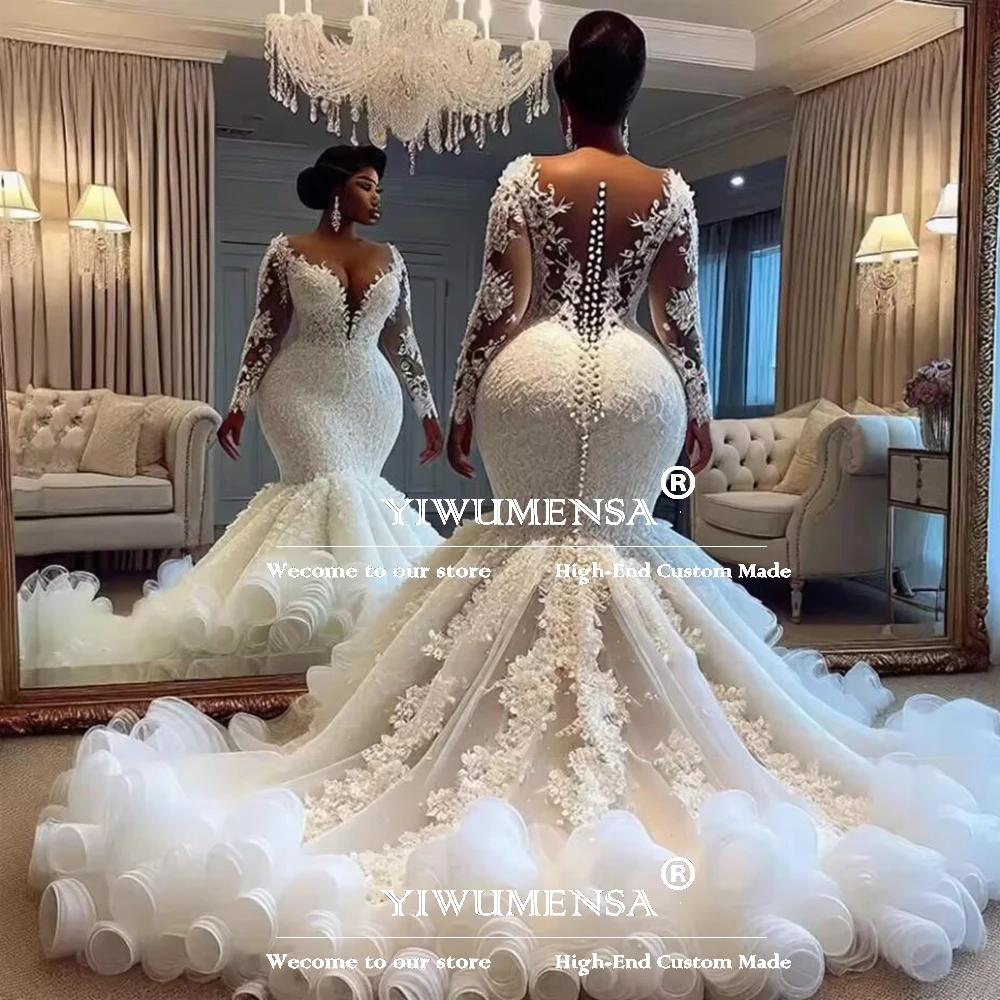 

Aso Ebi африканское иллюзионное свадебное платье с v-образным вырезом и аппликациями, оборками, свадебное платье русалки, индивидуальная одежда для торжественных случаев для невесты