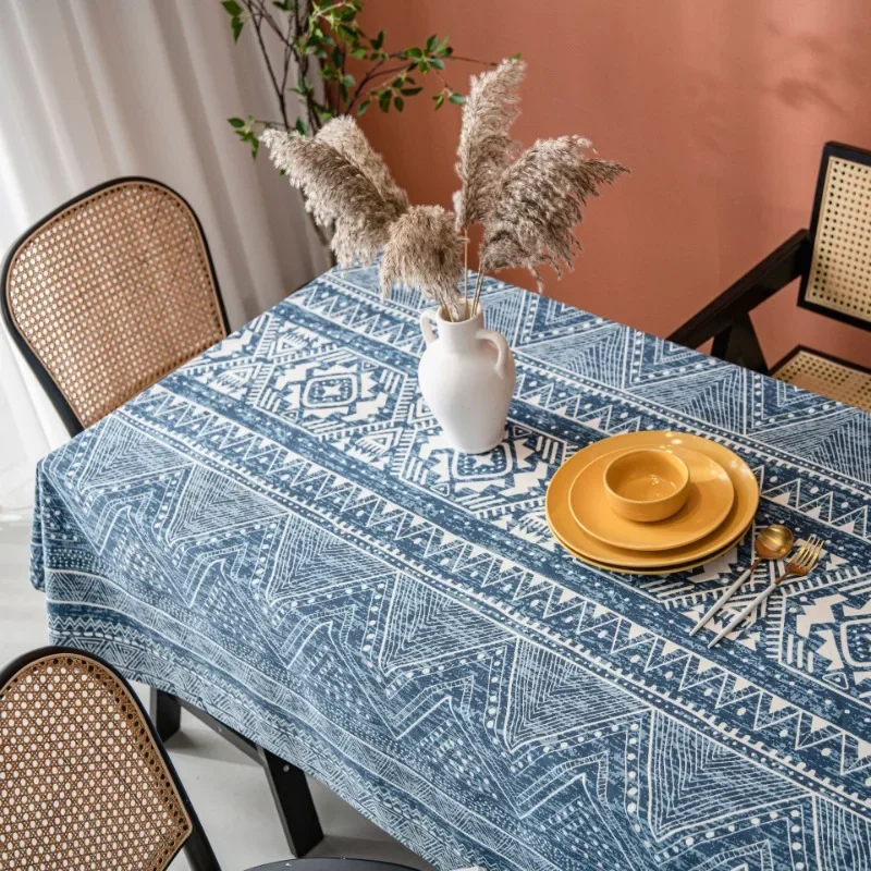 Table Cloth Blue Geometric Triangle Printed Cotton and Linen Rectangular Dining Table Cloth Coffee Table Cover Cloth