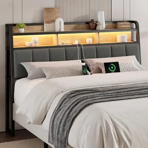 Ergonomic Headboard for Queen Size Bed with 2-Tier Storage, Upholstered Headboard with Outlets, USB Ports, LED Light