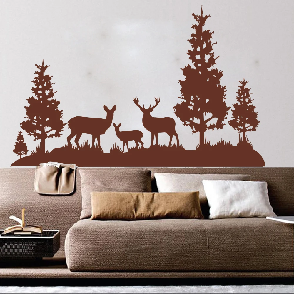 Deer Family and Pine Trees Wall Sticker Children Teen Room Jungle Forest Landscape Animal Wall Decal Bedroom Playroom