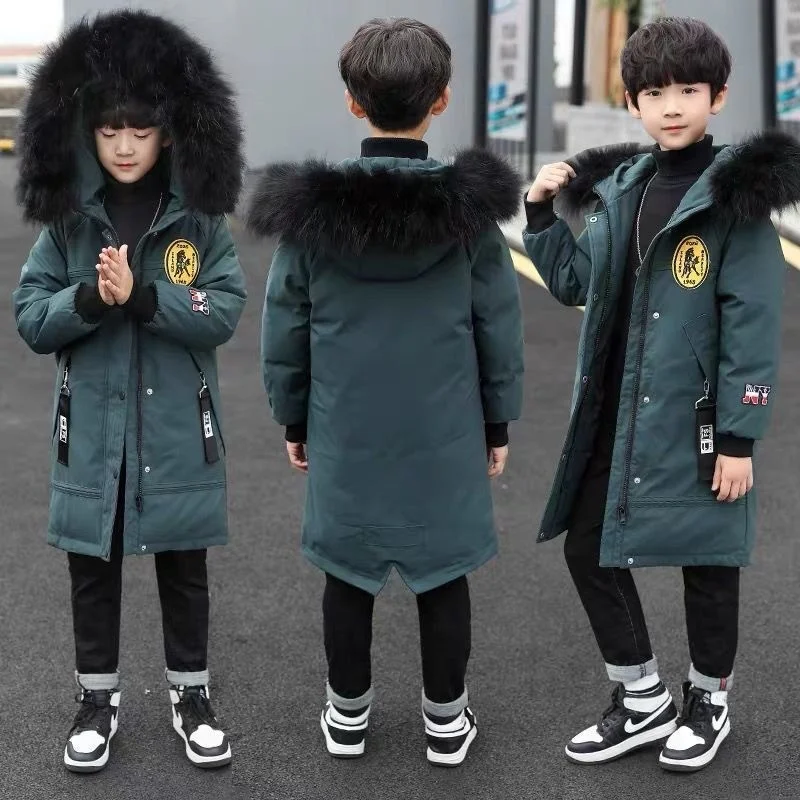 -30℃ Winter Boys Long Cotton Clothes Jackets Big Children Thick Velvet Warm Parka Coats Kids Snowsuit Outerwear 5-12Y