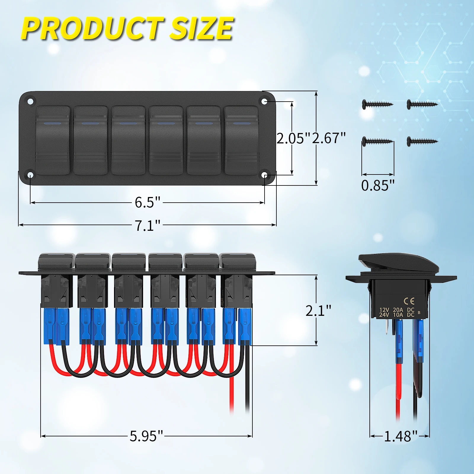 6 Gang Rocker Switch Panel 12V Marine Boat Switch Panel Waterproof 12 Volt Blue LED Light Toggle Switch ON Off with Pre-Wired