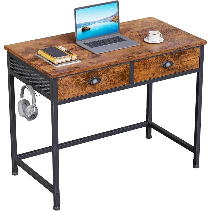 Computer Desk with 2 Fabric Drawers, 36 Inch Small Home Office Writing Desk, Vanity Hooks, Simple Study for Spaces,Rustic Brown