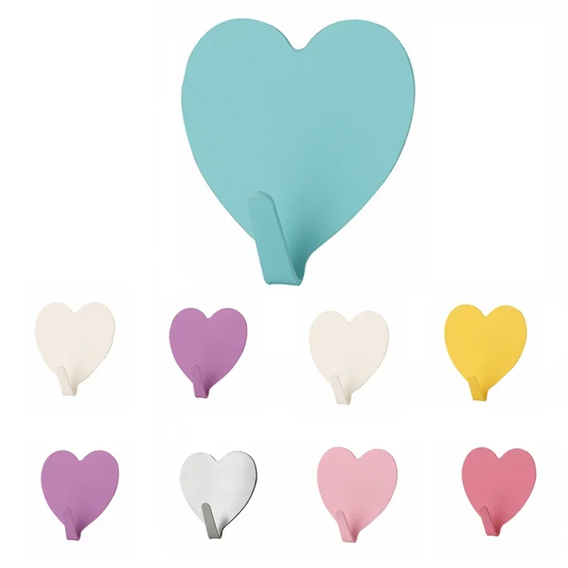 1pc Cute Heart Shape Hooks Self Adhesive Hooks Stainless Steel Strong Sticky Wall Door Hang Bathroom Storage Organizer