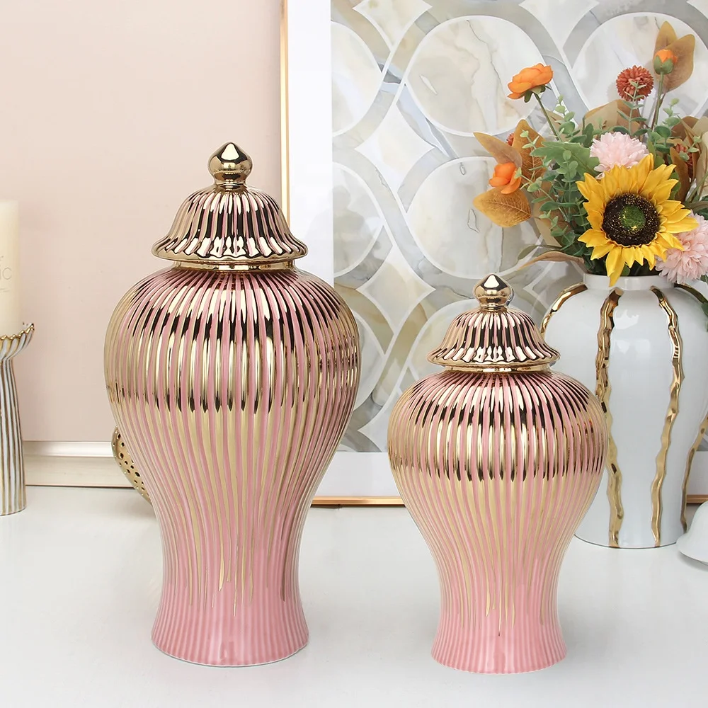 Wholesale Top Quality Chinese Porcelain Luxury Gold Ribbed Ginger Jar with Lids Tall Ceramic Flower Vase Temple Jar Home Decor