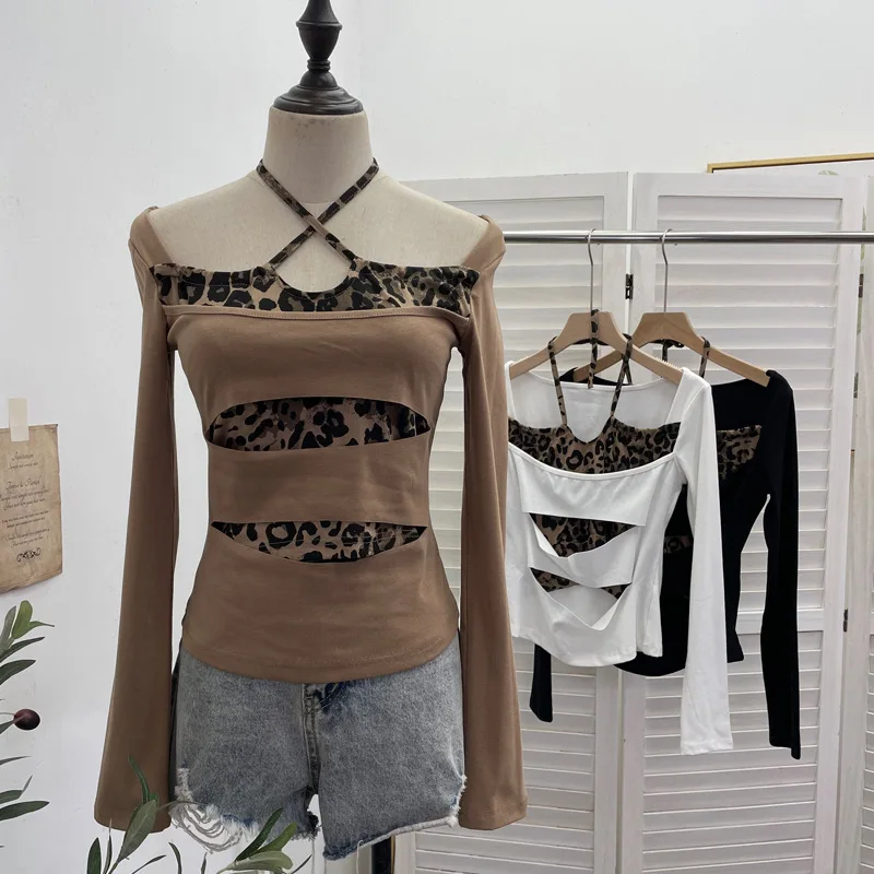 High Quality Hot Selling Wholesale Hanging Neck Leopard Print Fake Two Piece Long Sleeved One Shoulder Short Base T-shirt Women