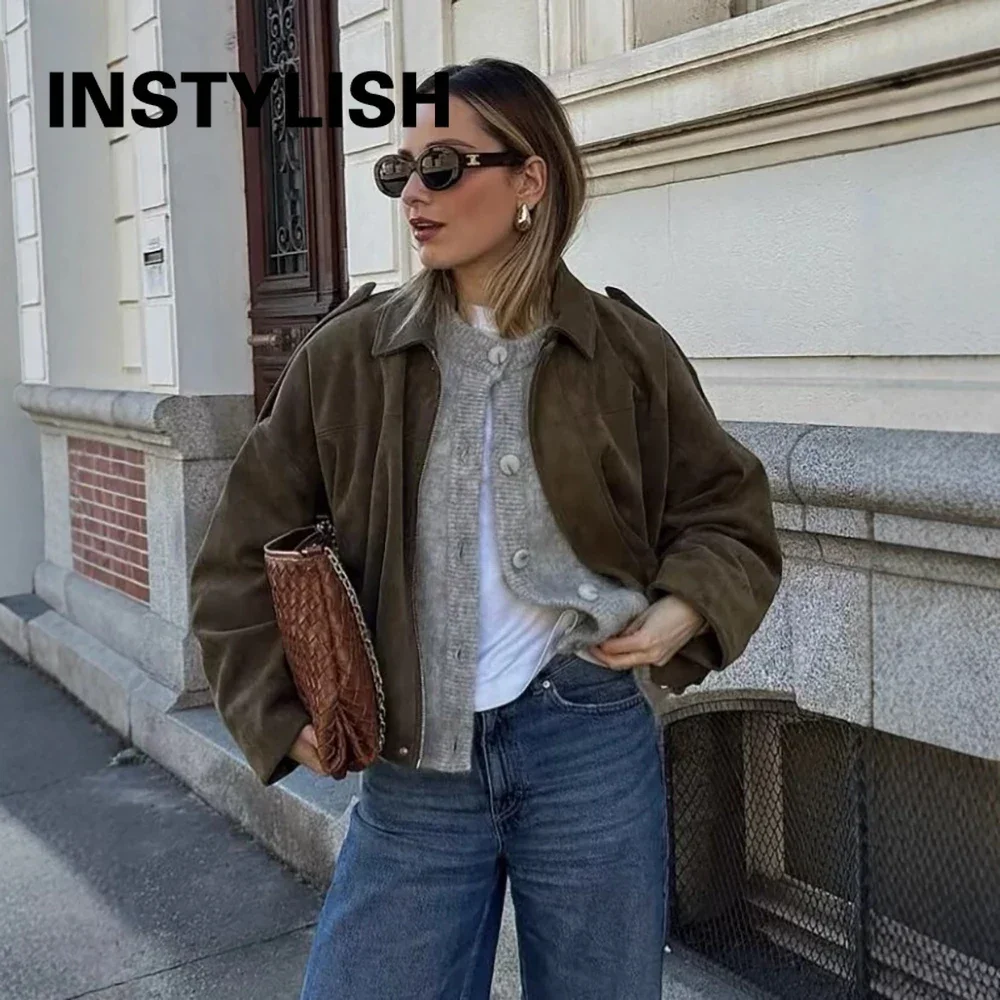 Women Oversized Suede Bomber Jacket Lapel Collar Shoulder Strap Batwing Long Sleeve Loose Casual Crop Outerwear Fall Winter Coat
