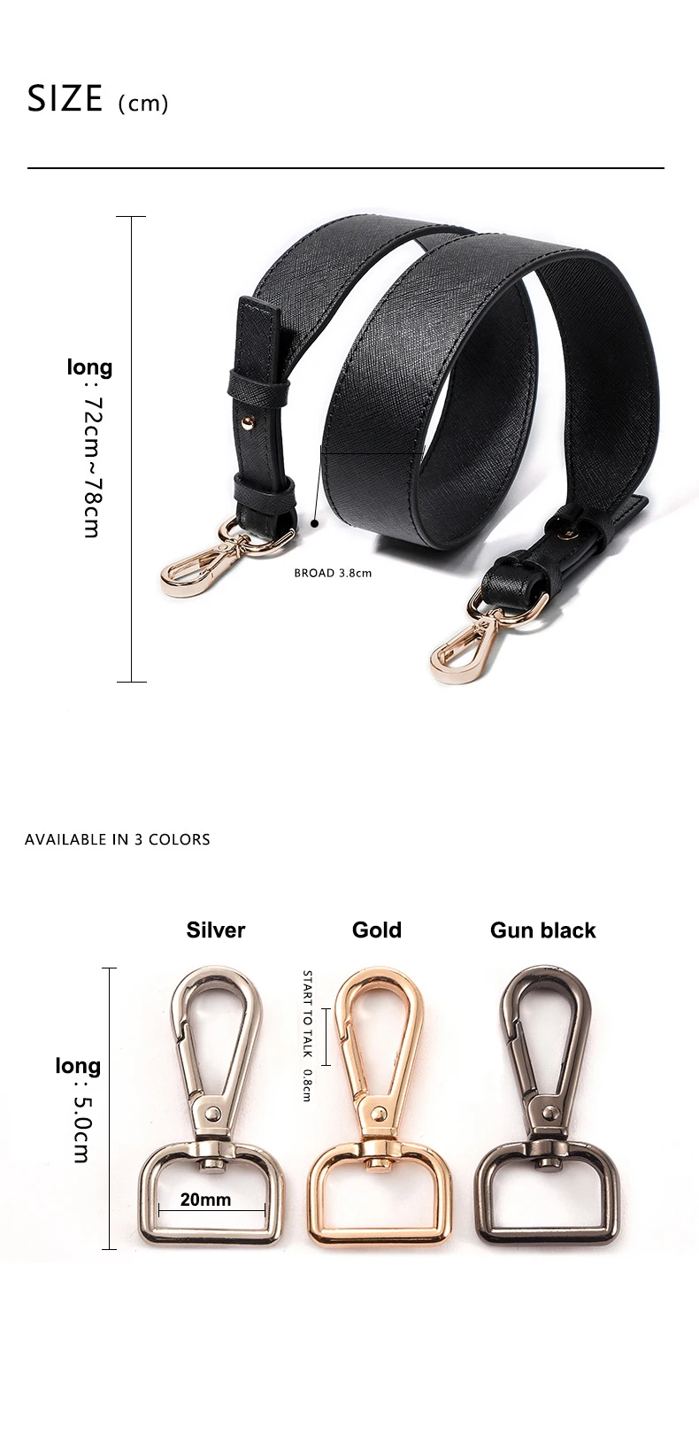 3.8CM Wide Black Leather Plain Pattern Replacement Strap Single Shoulder Short Shoulder Strap Versatile Wide Shoulder Straps