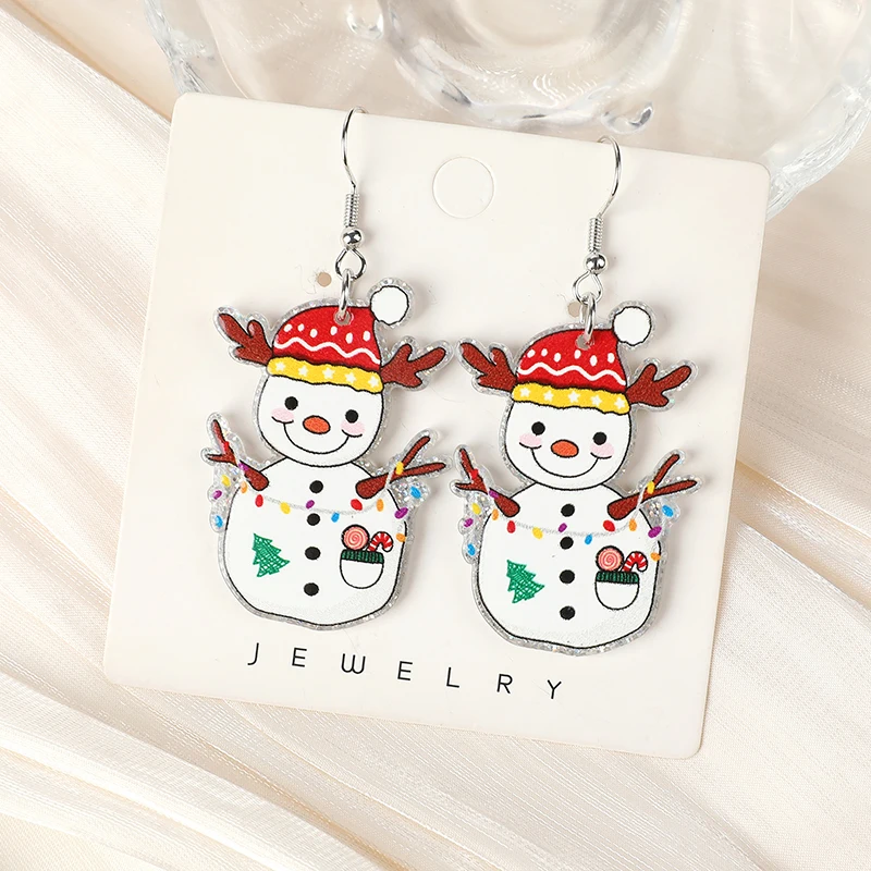 1Pair Christmas Drop Earring AcrylicCrutch Snowflake Gift Snowman For Woman Girl Holiday Birthday Gift