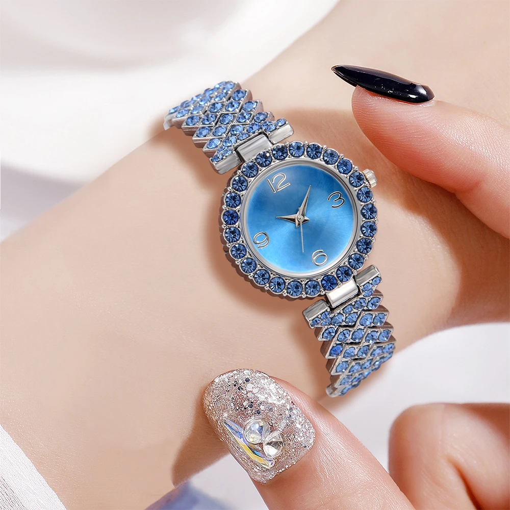 Blue 6PCS/Set Women Watch Fashion Light Luxury Quartz Wristwatch Alloy Strap Watch Bright Diamond Jewelry Set Gift For Girls