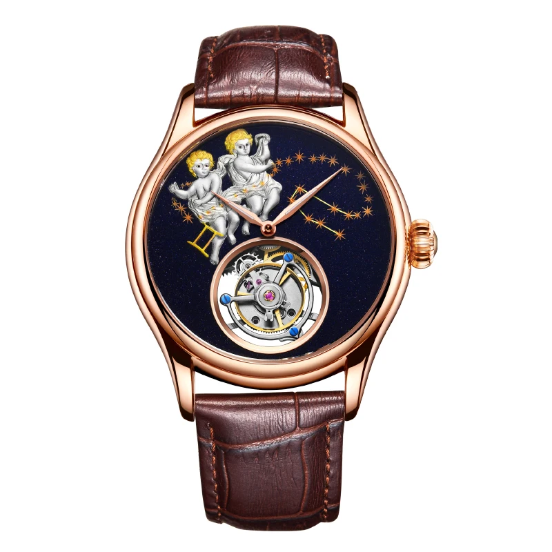 AESOP(manual7003G)Gemini Zodiac Tourbillon Mechanical Watch for Men, 30 meters waterproof life first-grade cowhide strap
