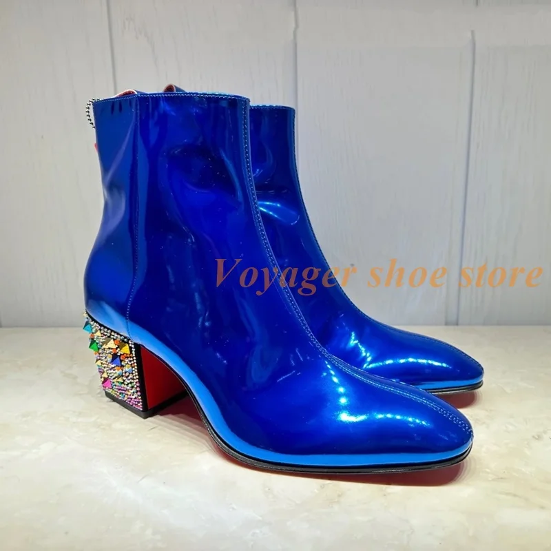 

Personalized Blue Patent Leather Small Square Toe Men's Ankle Boots Colored Diamond Heel Design Side Zip Chunky Heel Short Boots