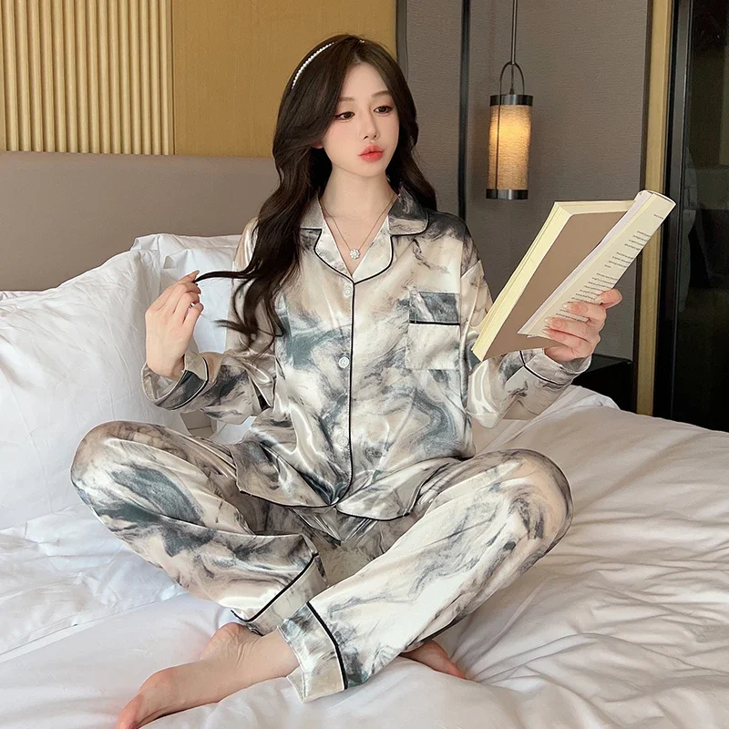 Women Pajamas Set Long Sleeve SleepwearTrousers Satin Pyjamas Lounge Sleepwear Print Pijama Mujer Bedroom Home Clothes Female