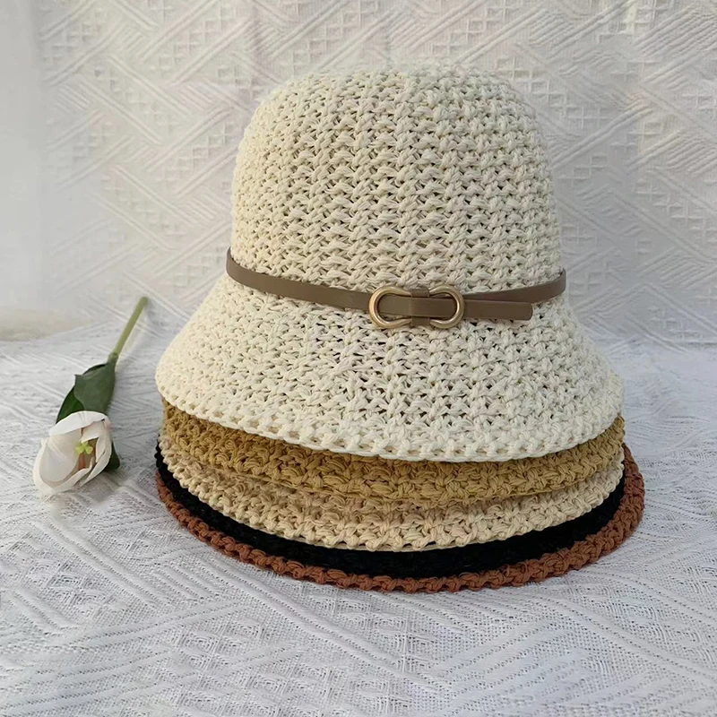 

Fashion Leather Buckle Designer Women Bucket Hat Summer Outdoor Holiday Beach Weave Sun Protection Hat Casual Fold Panama Caps