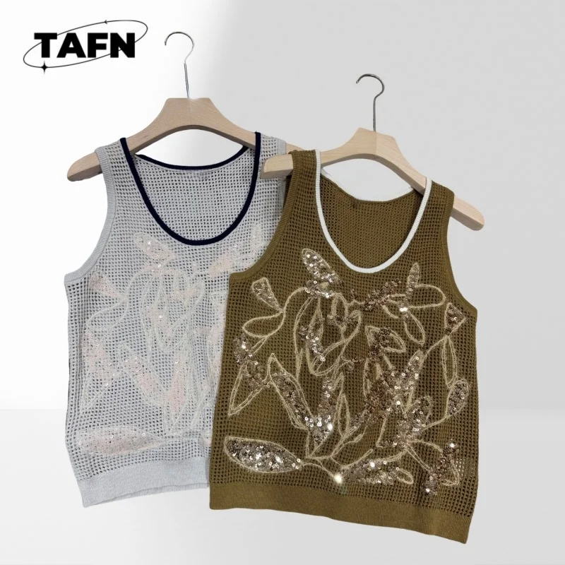 Women Sequin Knit Top Floral Embroidery Sleeveless Sweater Vest Open Knit Crew Neck Casual Elegant Summer Top BF2810