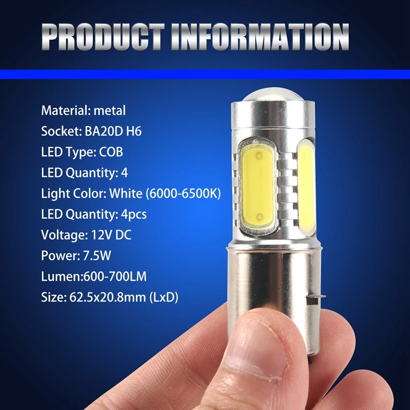 12V BA20D H6 4 COB LED White Bulb Light For Motorcycle Bike Moped ATV Headlight (White)