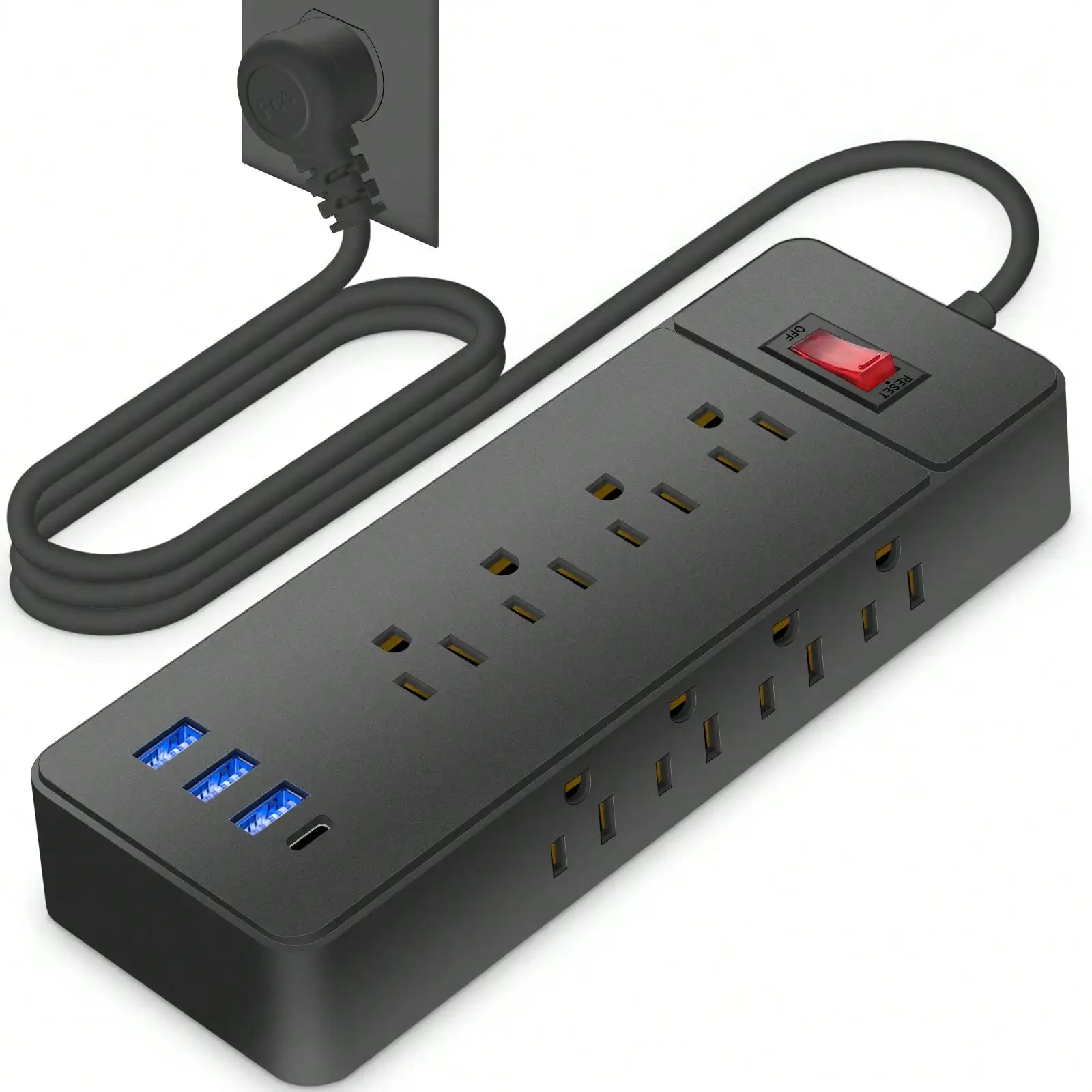 Power Strip Tower Surge Protector With 12 AC Outlets, 3 USB Ports And 1 Type-C Port, 4ft Extension Cord, Black