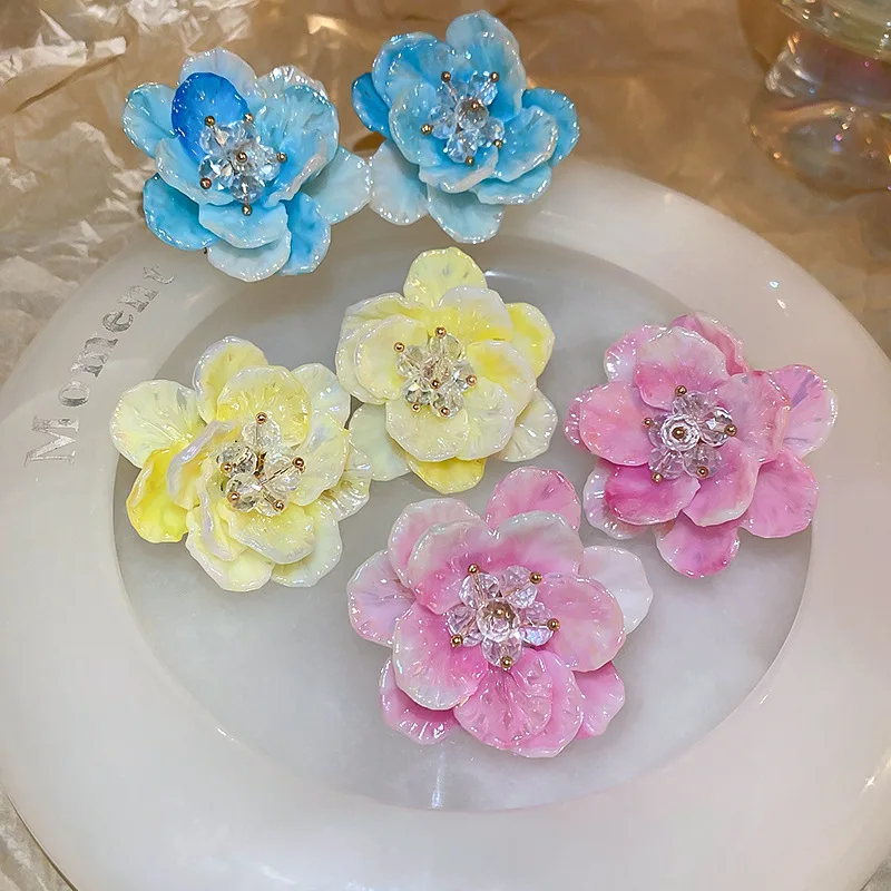 Hyperbole Gradient Flower Earrings Women Acrylic Big Pink Blue Yellow Flower Holiday Earrings