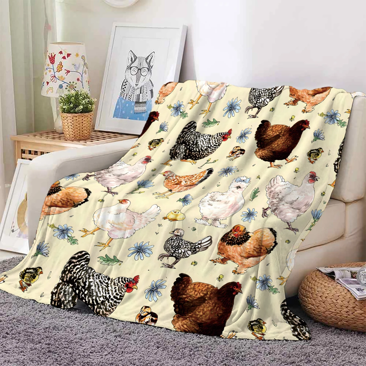 1pc Pastoral style chicken print thickened flannel blanket, warm, skin-friendly, soft, suitable for sofa, bed, travel, office