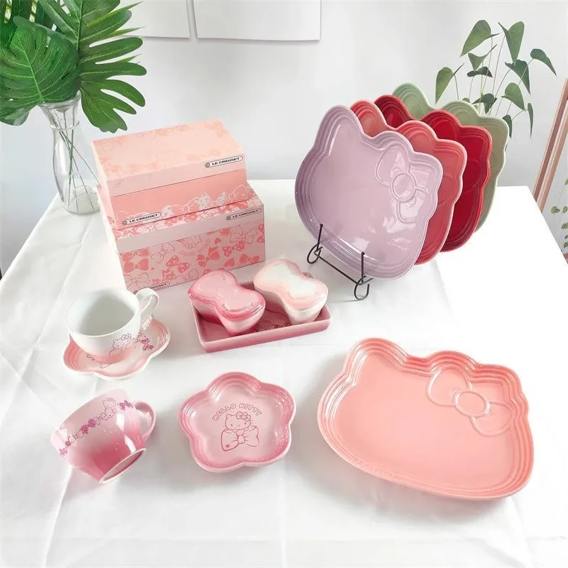 

Sanrio HelloKitty Anime Figure Tableware Cute Kawaii Girl Pink Kitchen Utensils Gradient Bowl Plate Ceramic Set Friends Gifts