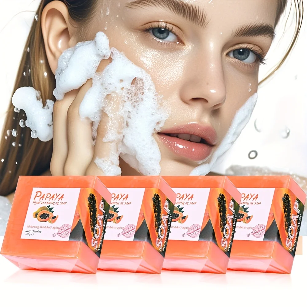 4 قطع/صابون زيت البابايا العطري لتنظيف الوجه، ترطيب طبيعي، تبييض وردي وردي مصنوع يدويًا #4