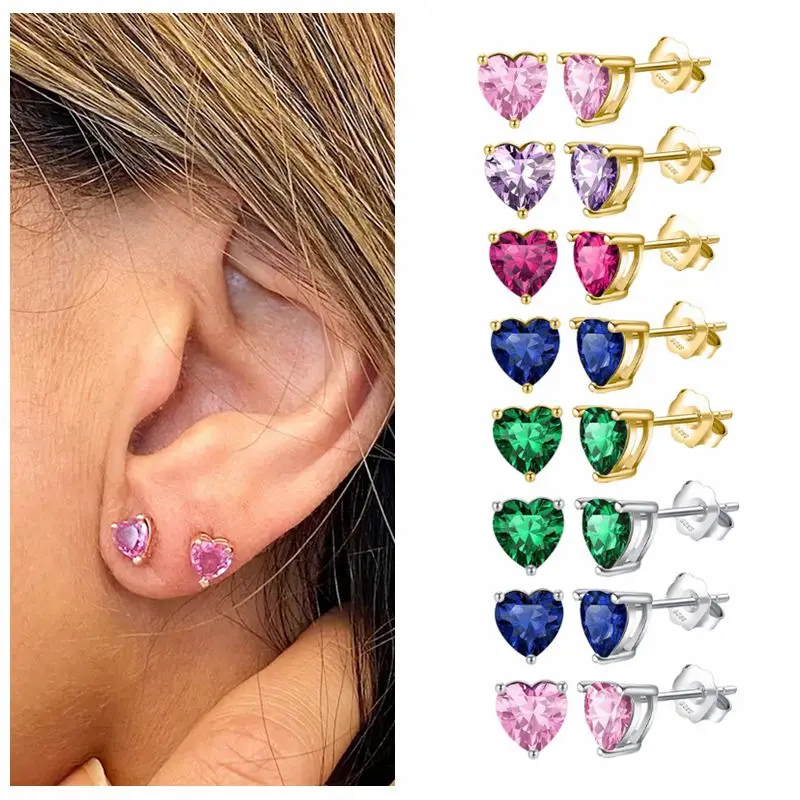 

925 Sterling Silver Ear Needle Crystal Color Zircon Hearts Stud Earrings for women Cute Fine Earrings Fashion Wedding Jewelry