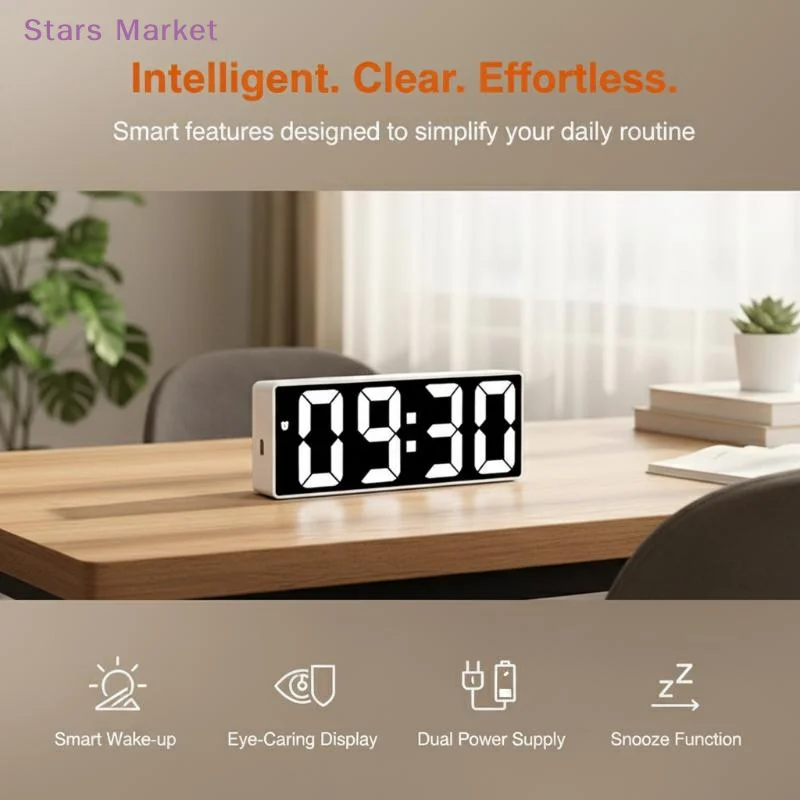 New Digital Alarm Clock LED Electronic Clock Snooze Temperature Adjustable Brightness Control For Home Bedroom Office