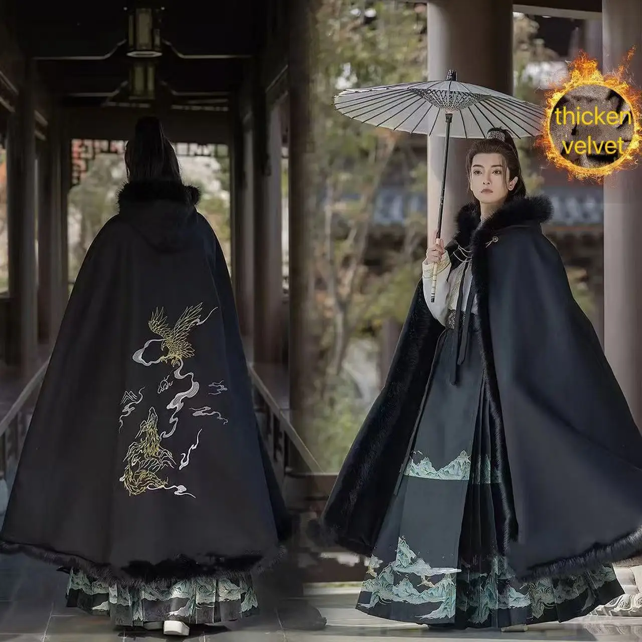 Mighty Stylish Flying Eagle Embroidery Hanfu Cloak Men's Winter Thcike Velvet Outer Long Robe Vintage Palace Knight Cosplay Cape