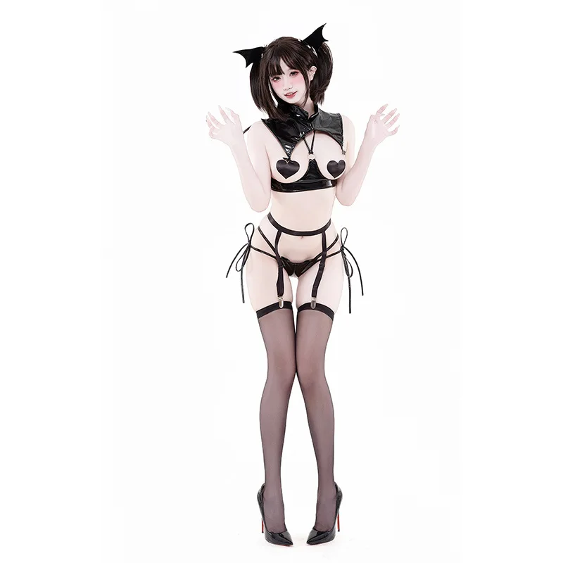 

2025 Trendy Original Cosplay Lingerie-Japanese Little Devil Patent Leather Elegant Sexy Two-Piece Anime Outfit for Photo Shoots