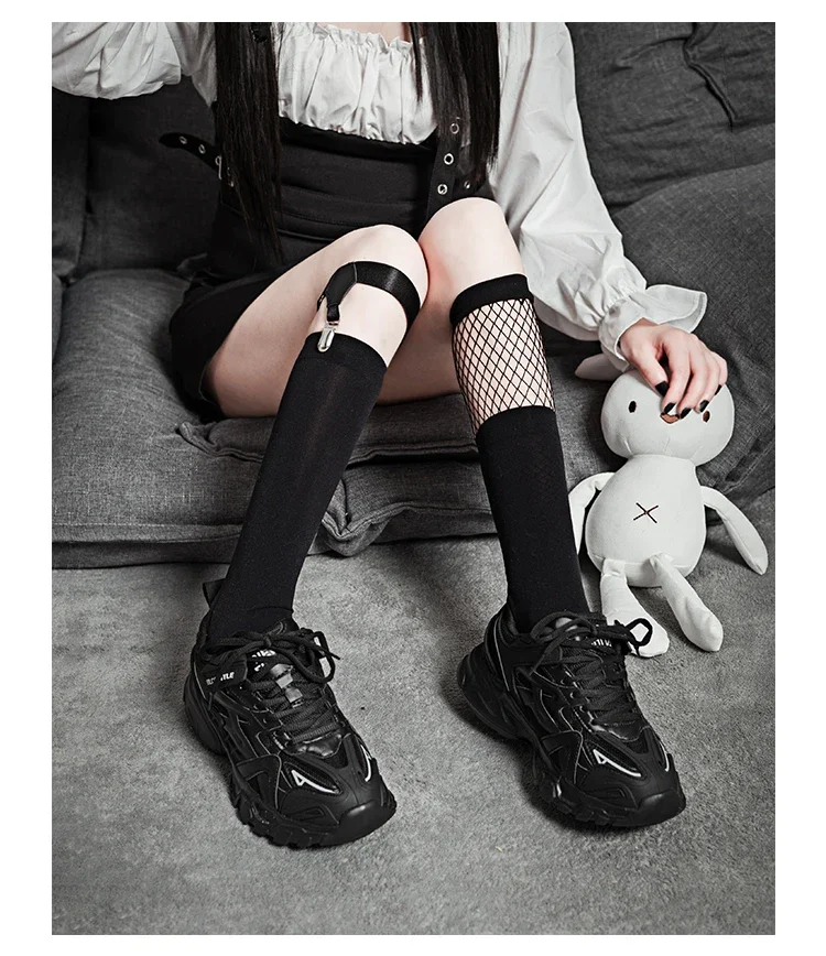 

New Gothic Vintage Cotton Socks Black Punk Streetwear Girls Uniform Thin Leg Ring Socks Clip Buckle Fashion JK Long Socks