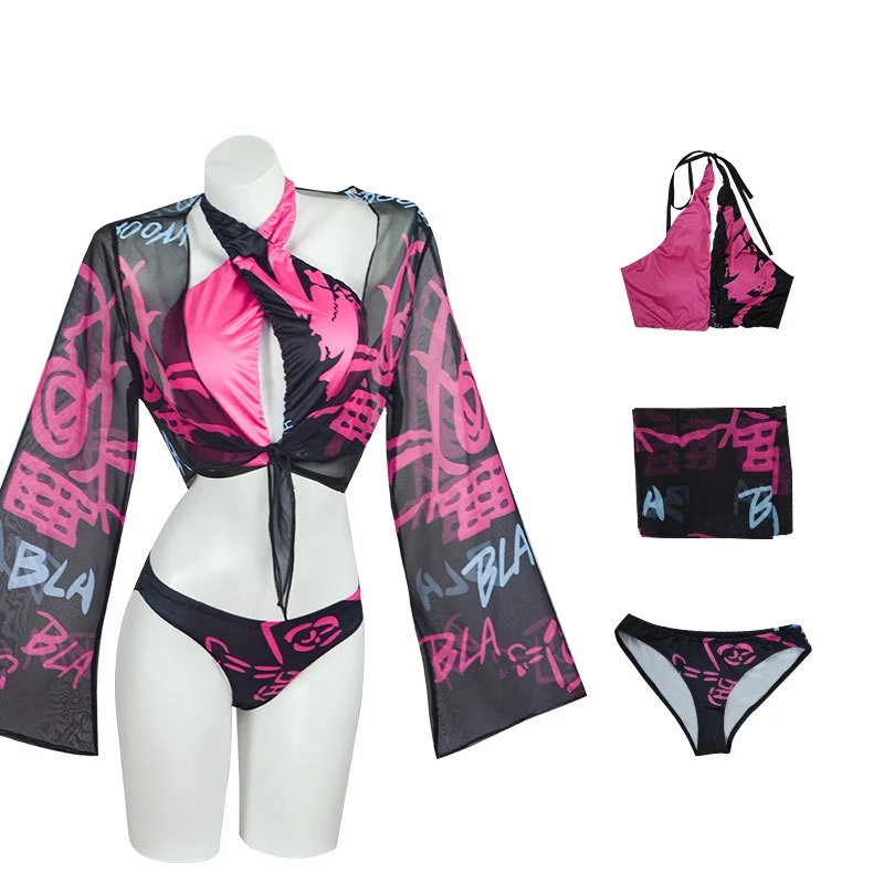 

Womens Bikini Set with Cover Up Swimsuit Anime Style Bathing Suit Jinx Vi Cosplay Swimwear Halloween Suit Female