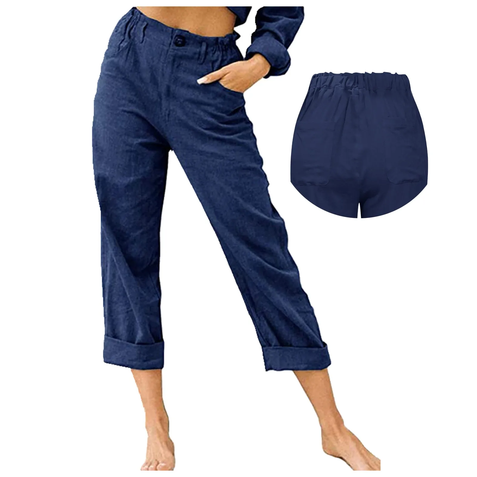 Calça de linho feminina com elástico na cintura, calça casual com bolso, calça diária básica