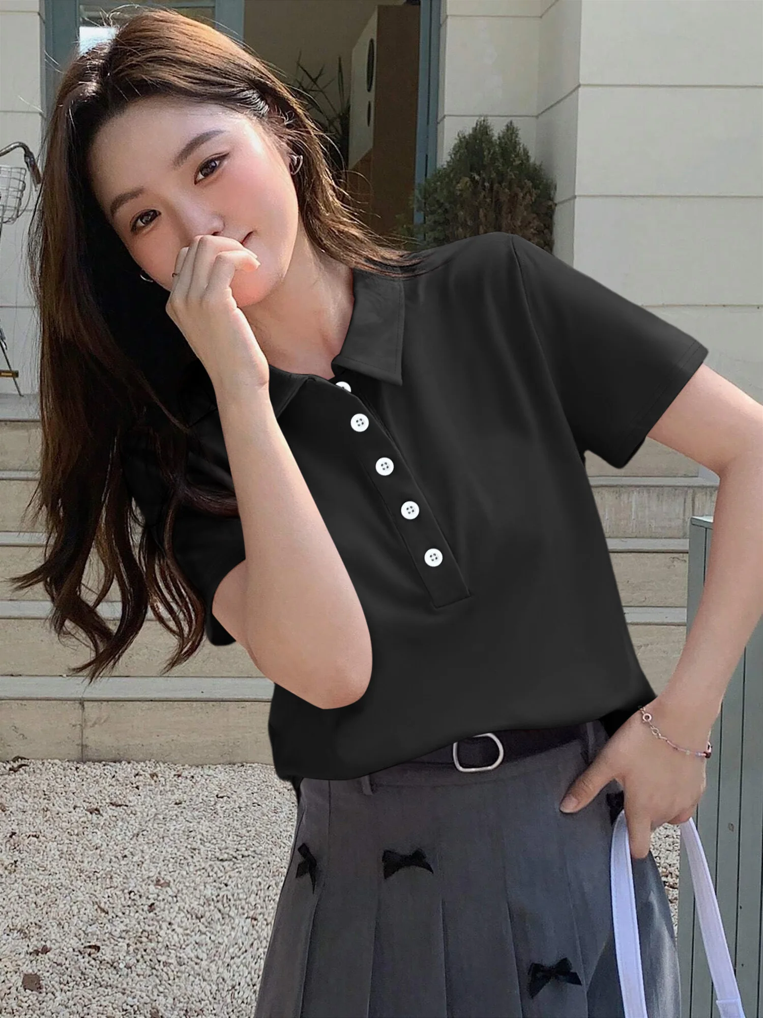 

Women's Classic Polo Shirt – Short Sleeve, Turn-Down Collar, Slim Fit, Solid Color, Perfect for Golf, Casual Street Style