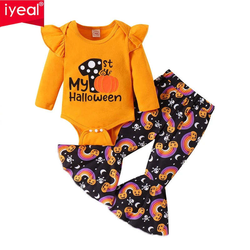 

IYEAL European American Baby Girls Autumn And Winter Halloween Suit Letter Cartoon Jumpsuit+Pumpkin Printed Bell-Bottoms Suit