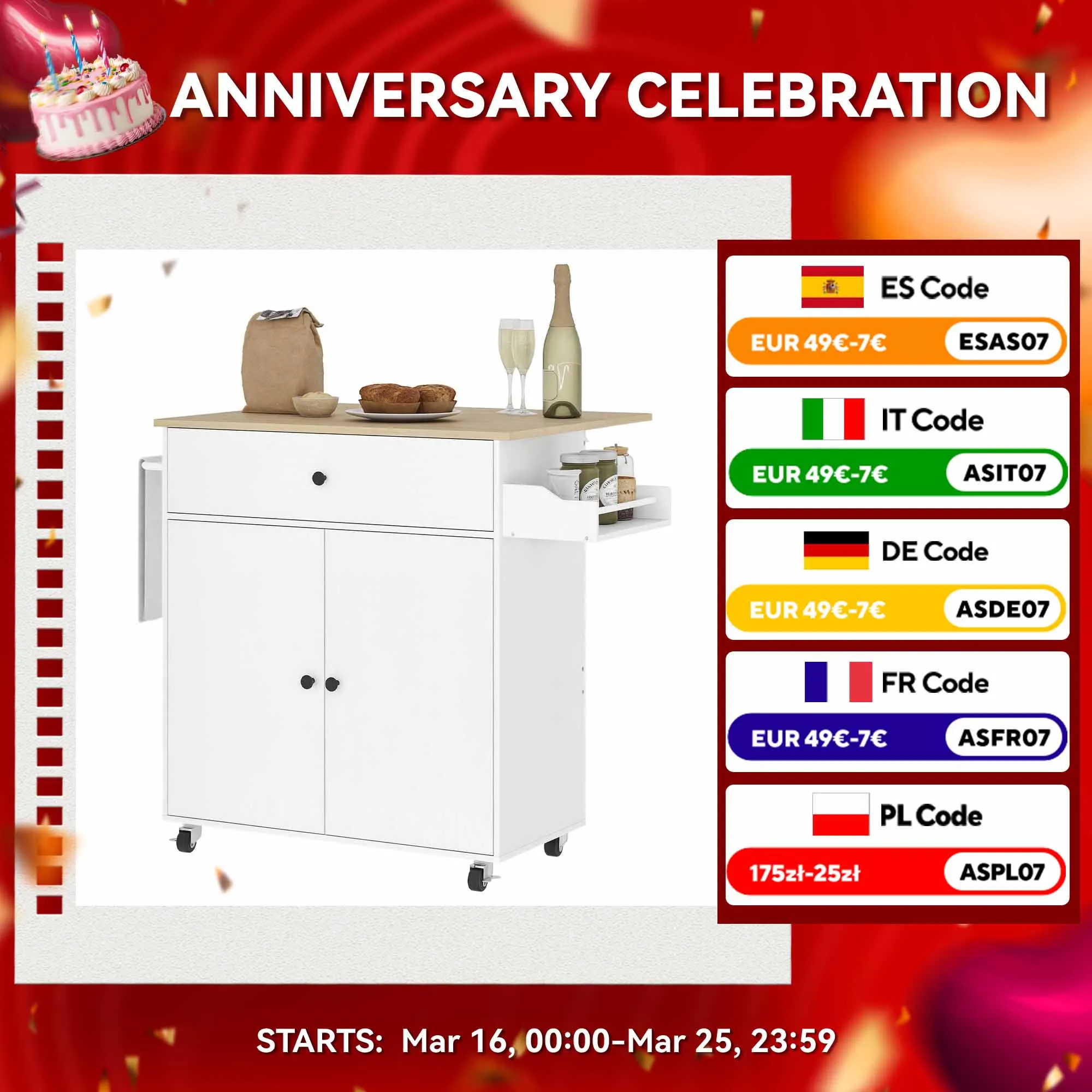 HOMCOM Isla de Cocina con Ruedas Ala Abatible 106x42x87 cm