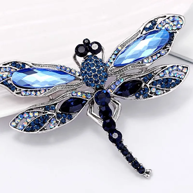 High Grade Blue Crystal Dragonfly Brooches for Women Men Rhinestone Insect Metal Pins Coat Suit Accessories Male Jewelry Gifts