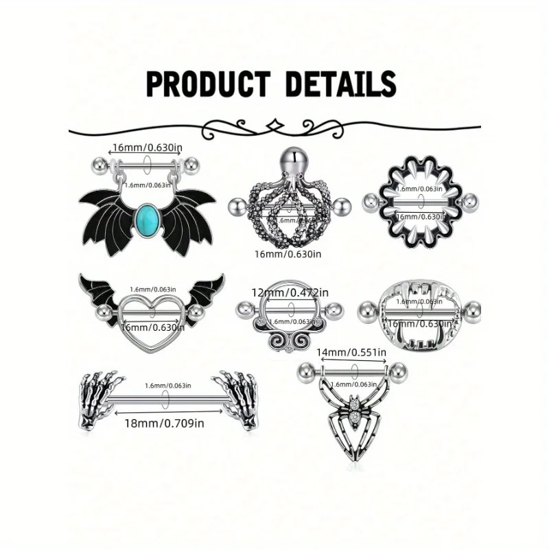 2pcs Halloween Elements Nipple Ring Nipple Piercing Jewellery Skeleton Hand Spider Heart Bat Wings Tight Spell Teeth Octopus