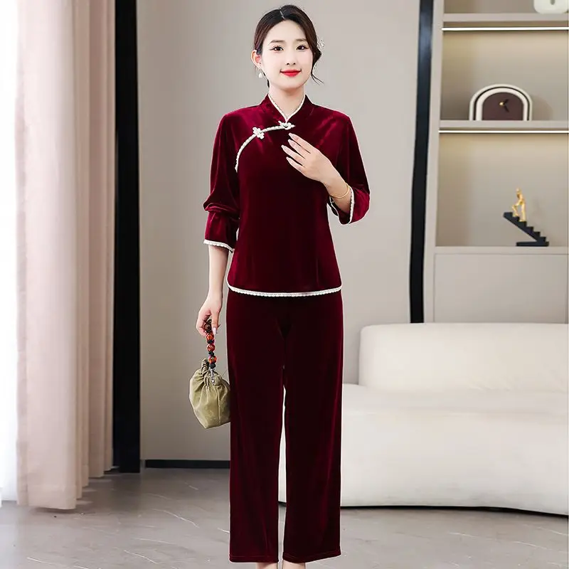 High-End Spring And Autumn New Golden Velvet Suit Female Mother Dress Fashionable And Loreign Versatile And ThinTwo-Piece Suit
