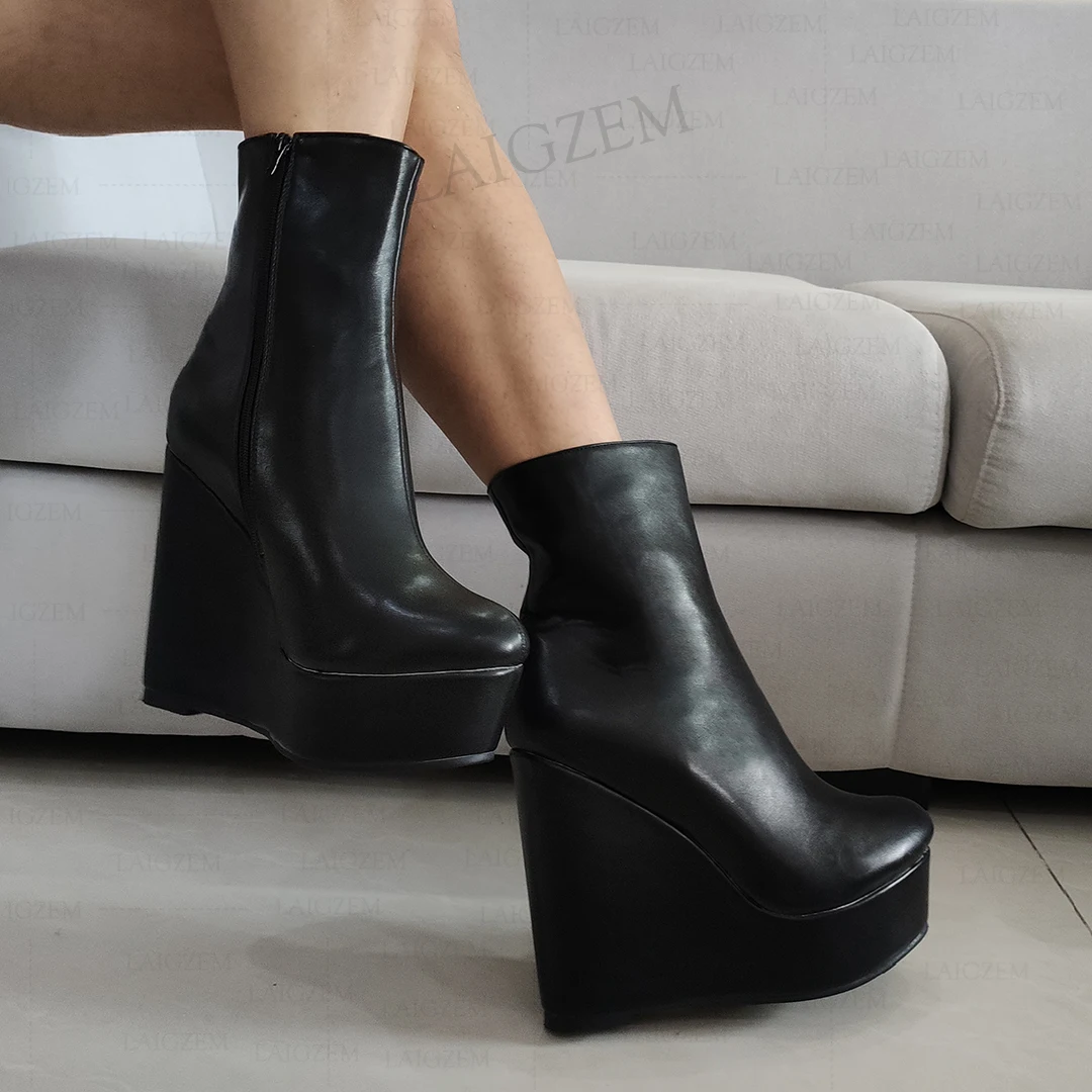 ZHIMA Women Ankle Boots Platform Wedges Side Zip Up Faux Leather Booties Comfortable Unisex Shoes Woman Big Size 41 46 48 52