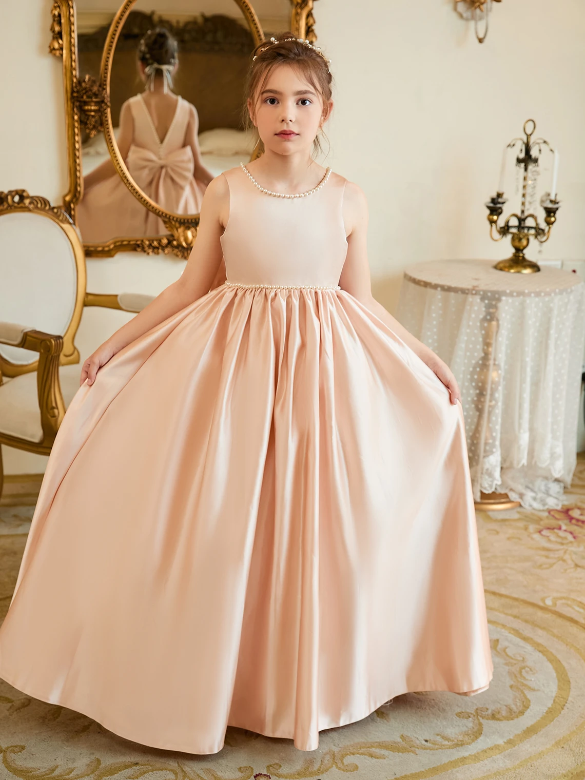 Vestidos sin mangas de satén rosa para niña, vestidos de flores para boda, cuello redondo, lazo de botón trasero, vestidos de fiesta de cumpleaños con cuentas