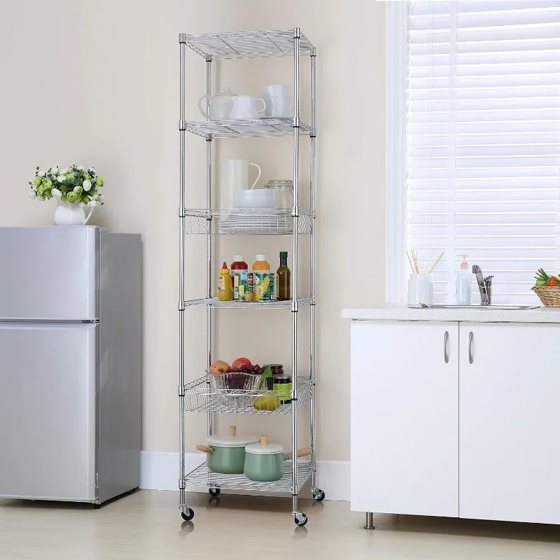 Heavy Duty 6 Tier Wire Shelving Unit with Wheels 18x18x72-inches 6 Shelves Storage Rack Thicken Steel Tube