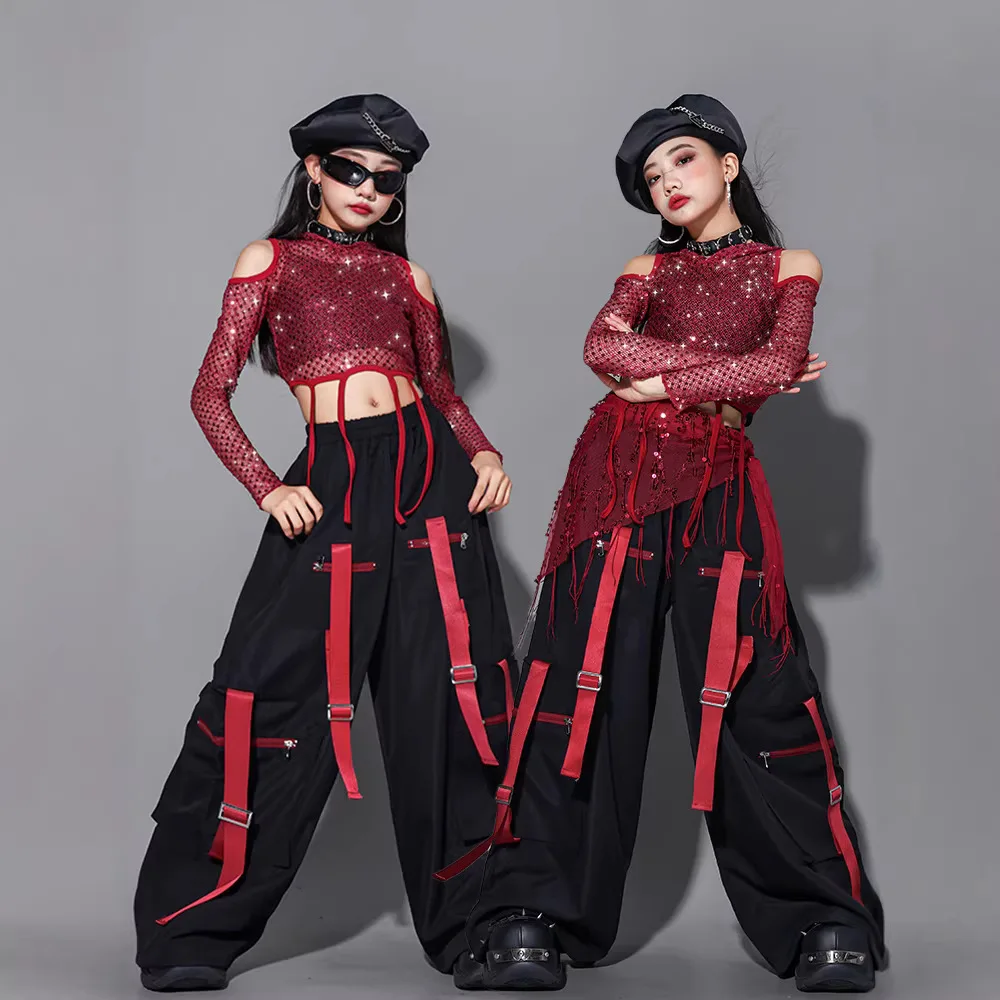 Girls Hip Hop Shiny RED Sequin Top Black Cargo Pants Fashion K-pop Streetwear Group Jazz Dance Costume Stage Wear Clothes Set