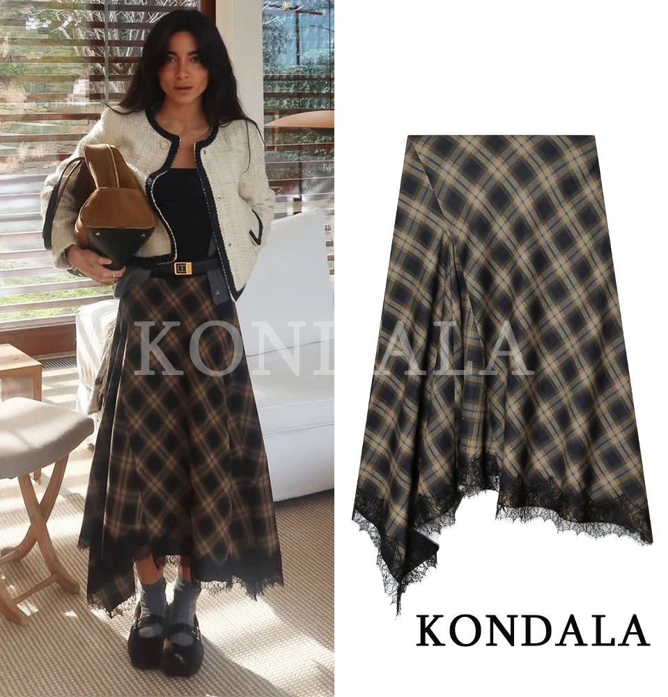 KONDALA Elegant Plaid Lace Hem Skirt Women Trendy High Street Midi Skirt New 2026 Spring Summer Fashion Holiday Chic Lady Skirt