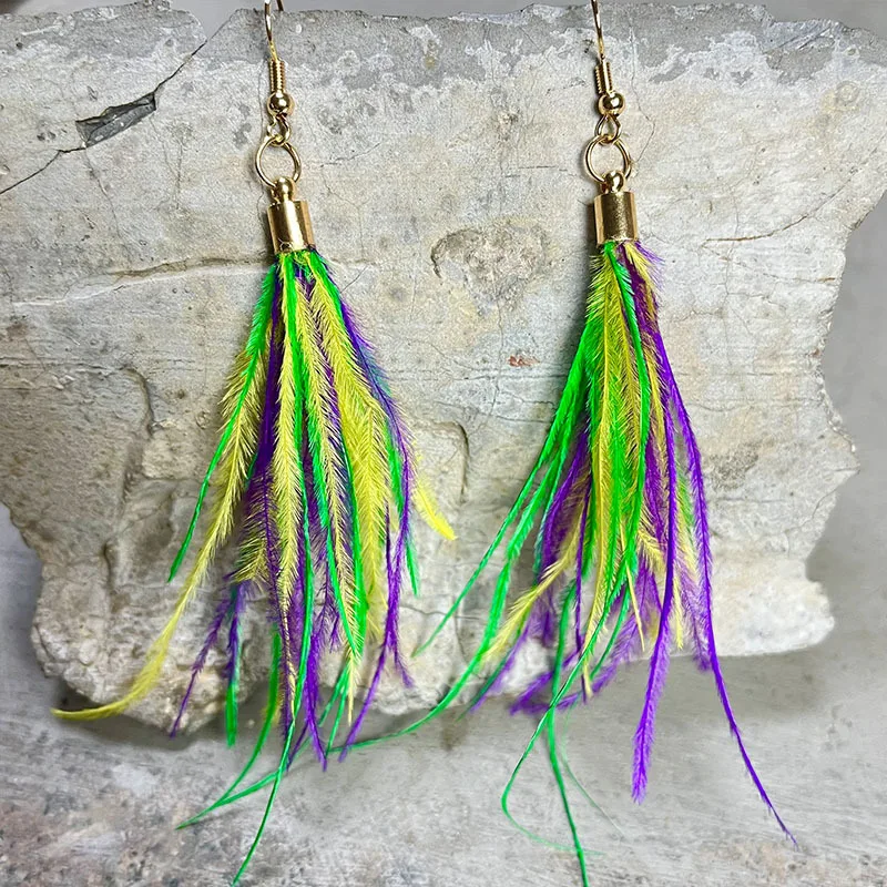 Carnival Purple Green Yellow Soft Feather Earrings Shining Water Drop Leather Glitter Pendant Personalized Metal Mesh Earrings