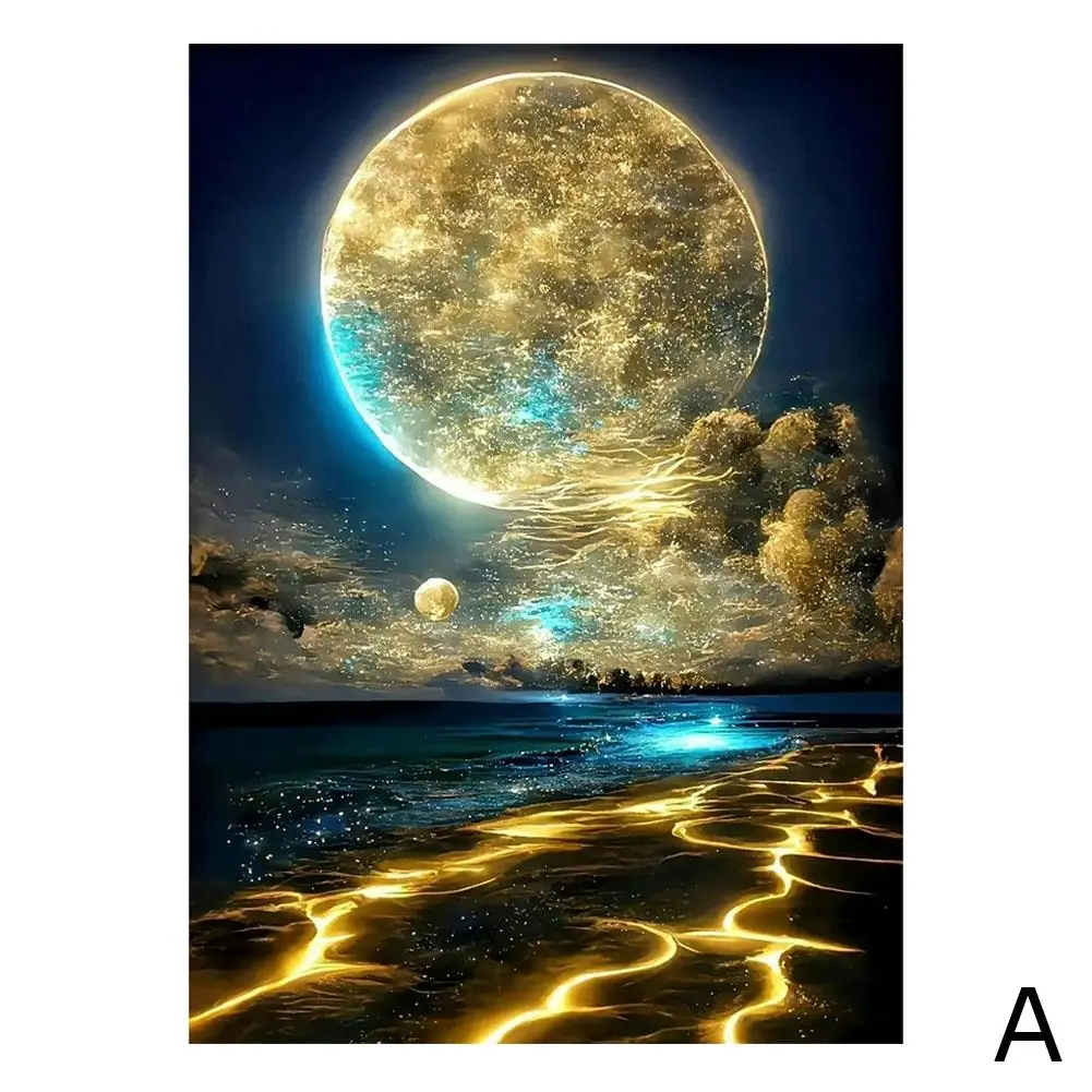 Moon Diamond Art Kits For Beginners DIY 5D Moonlight Sea Scenery Full Rhinestone Arts Home Wall Decor G0N4