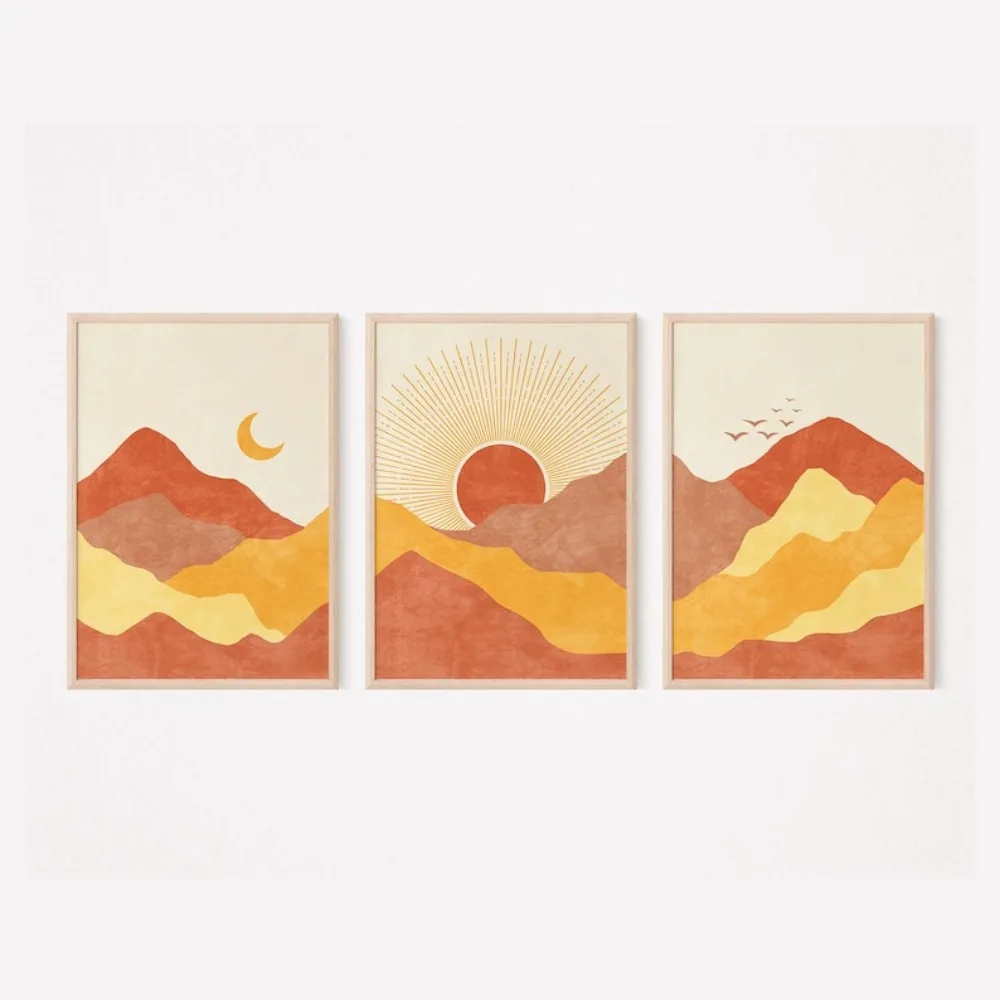 Frameless Gable Art,Bohemian Wall Art Set 3 Prints,Mustard Yellow and Terracotta Wall,Sun and Moon,Fashion Printable Wall Art